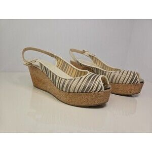 Jimmy Choo peep toe slingbacks Wstripes Ivory Leather Foot Bed & Cork Wedge 39.5